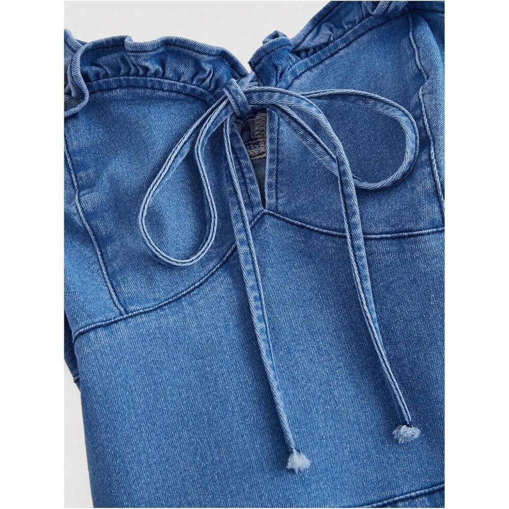 Women's Denim Dress Lightweight Ruffled Mini Sleeveless Bodycon Casual - Picture 3 of 4